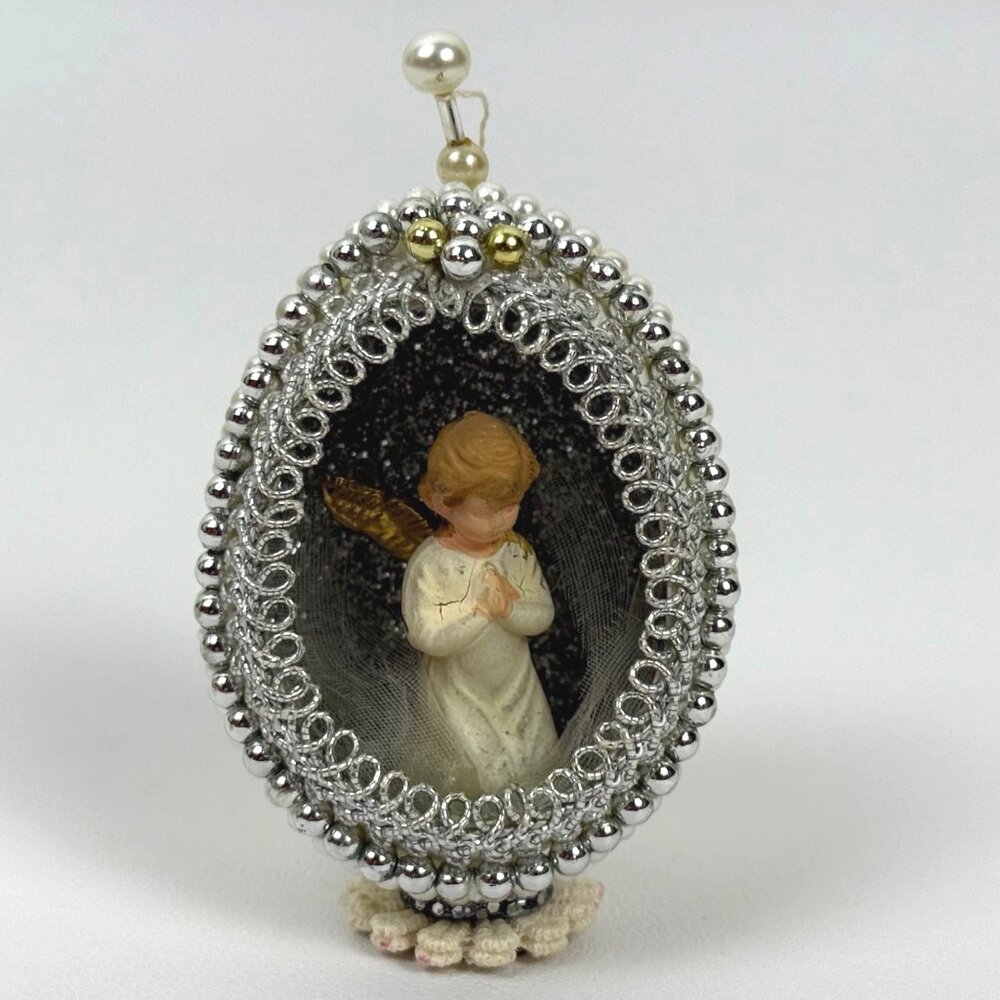 Vintage Handcrafted Eggshell Diorama Ornament Decor Silver Beaded Praying Angel